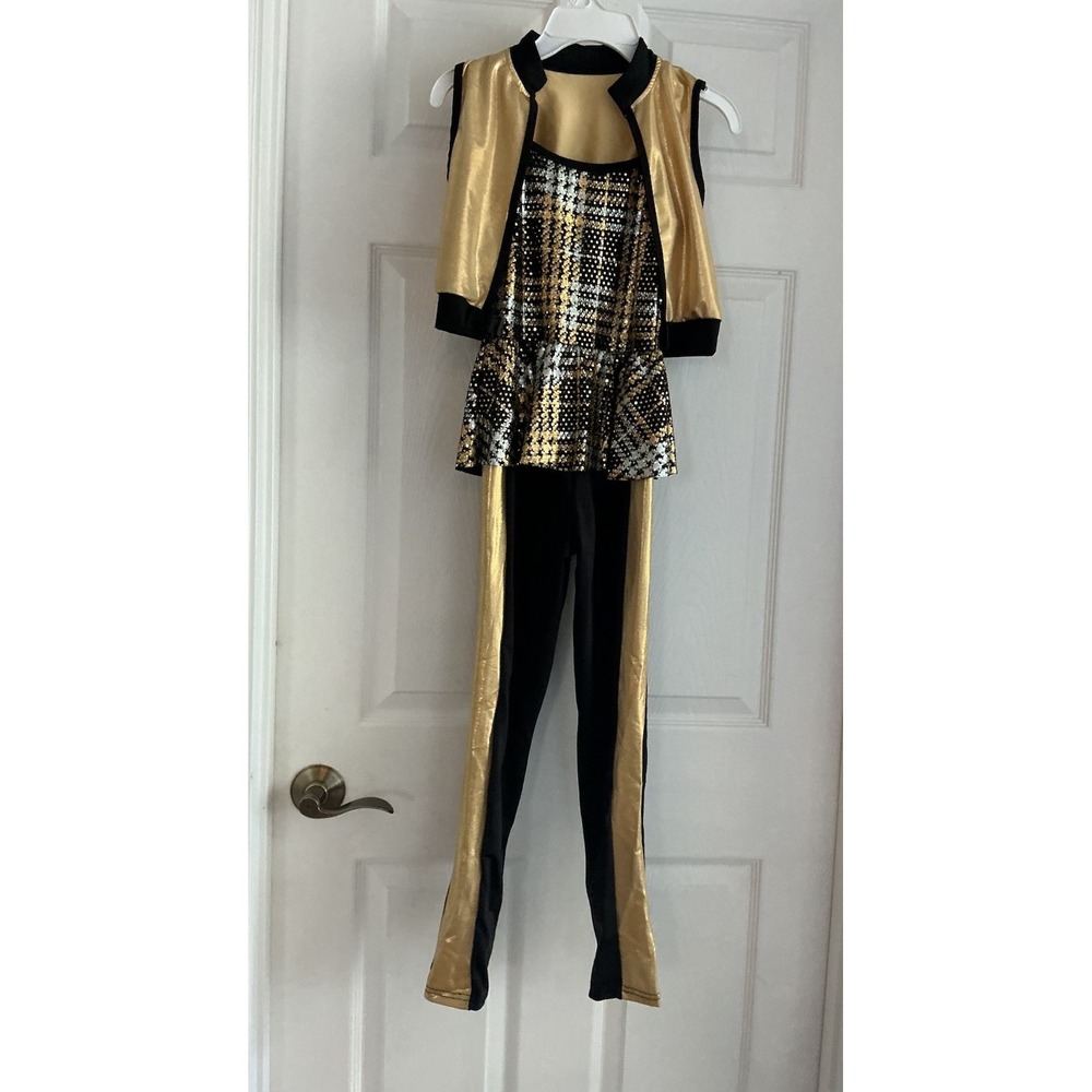 Laylas Dance Costume Medium Child Gold Black Sequin Weissman Dance EUC
